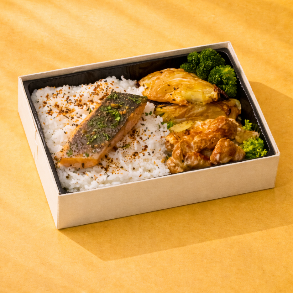 Nobu Inspo Miso Glazed Salmon, charred cabba, japanese rice and potato salad served in a bento box

