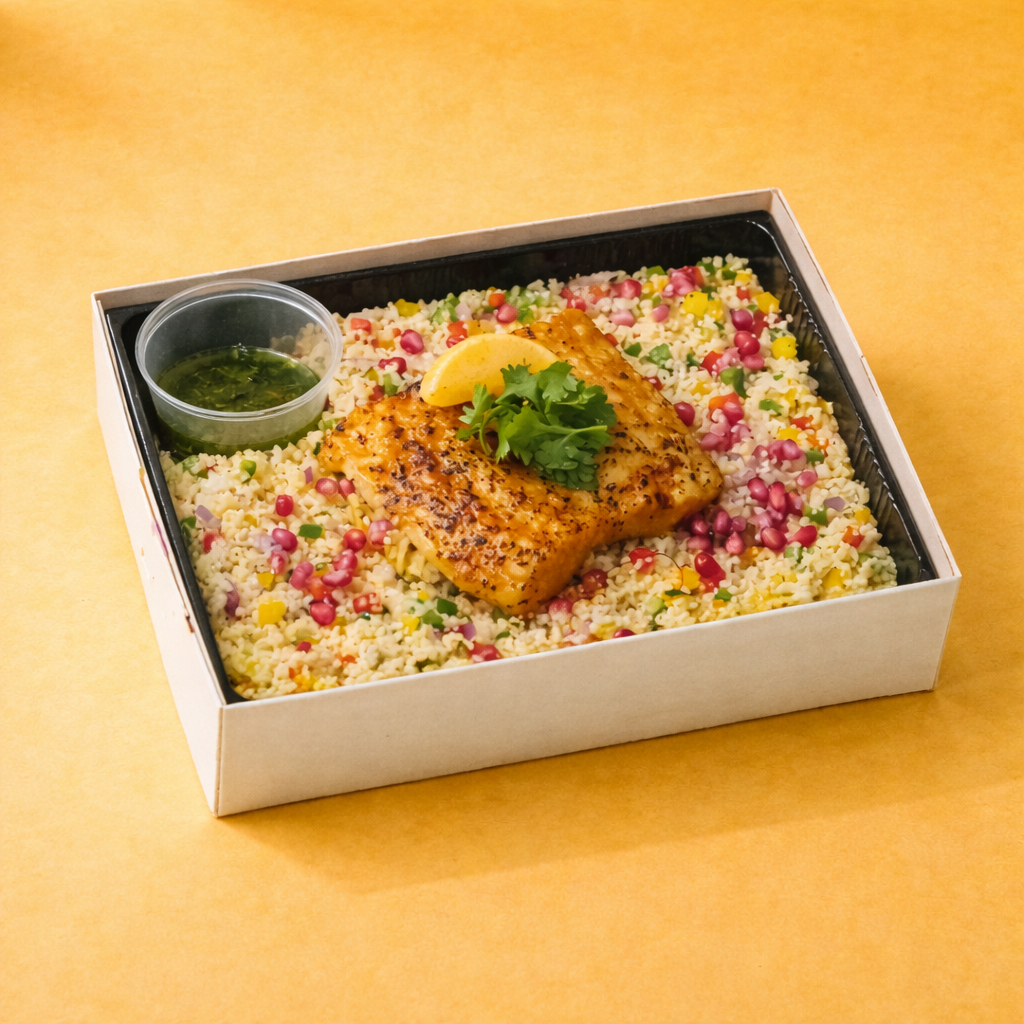 Couscous salad topped with pomegranate seeds and paired with grilled fish in a bento box 