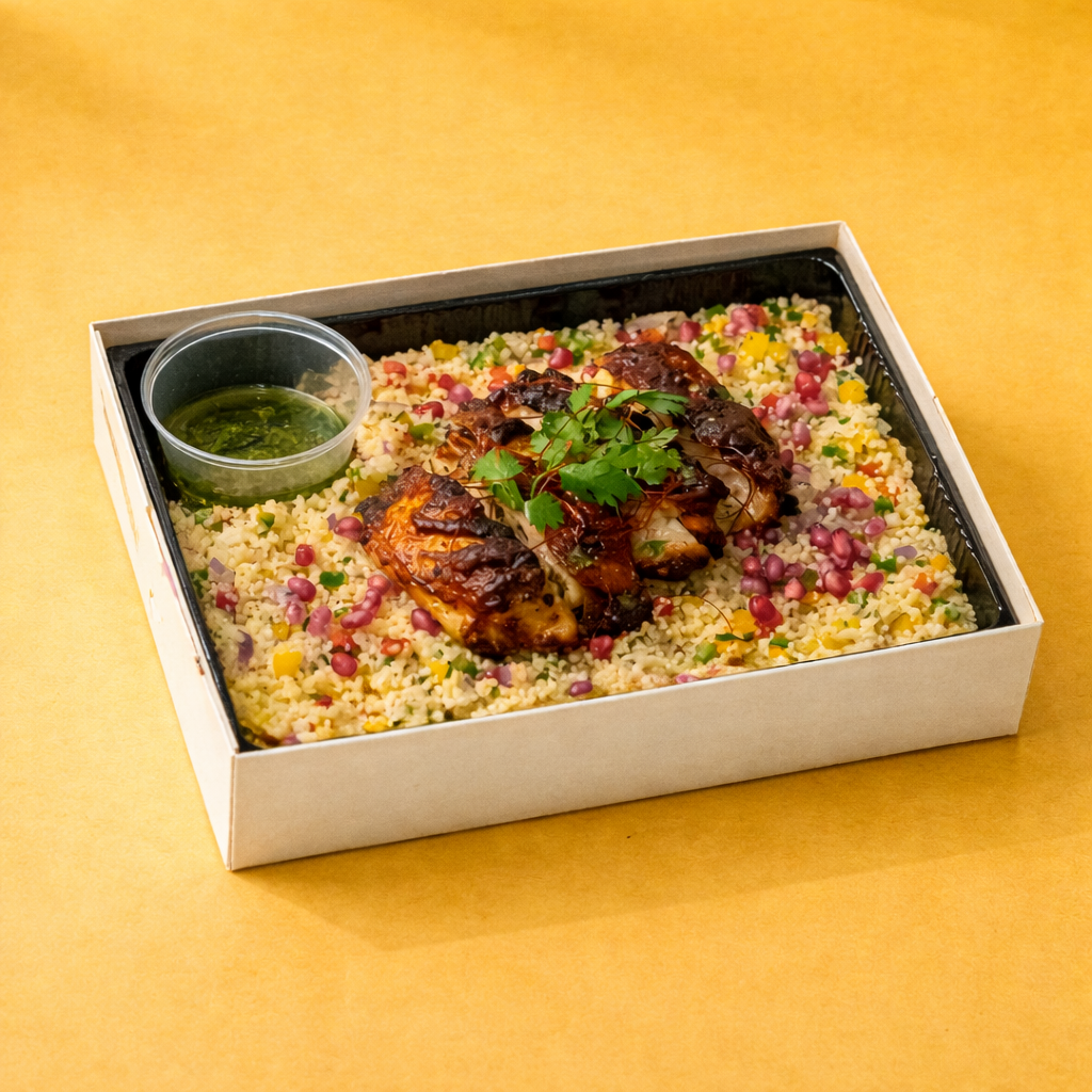 Couscous salad with peri chicken bento on a yellow background