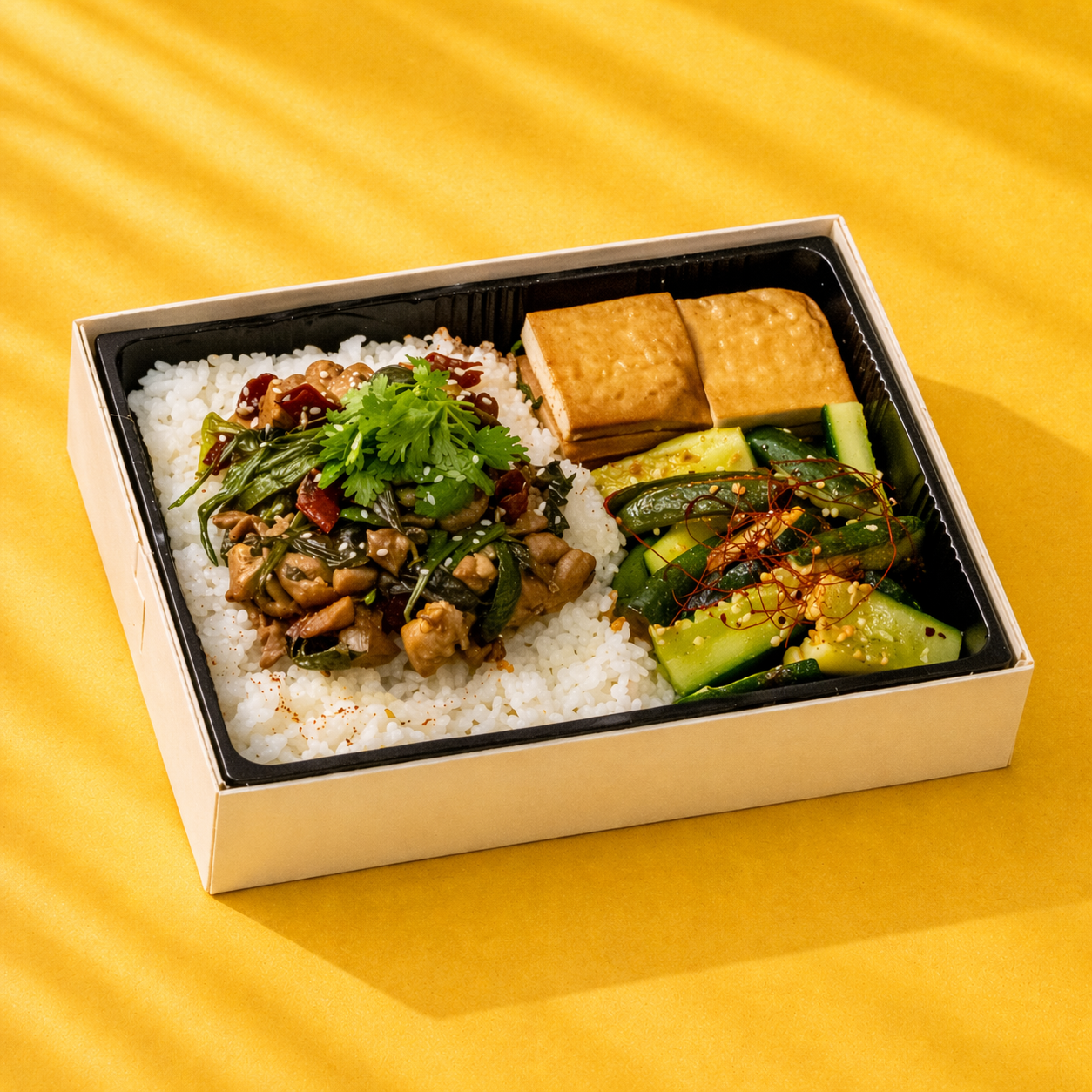 Taiwanese three cup chicken bento with rice, braised taukwa and Sichuan smashed cucumber on yellow background