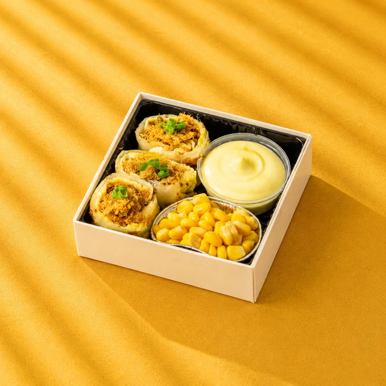 soft egg crepe, savoury chicken floss, creamy mayonnaise and buttery corn kernels on the side.