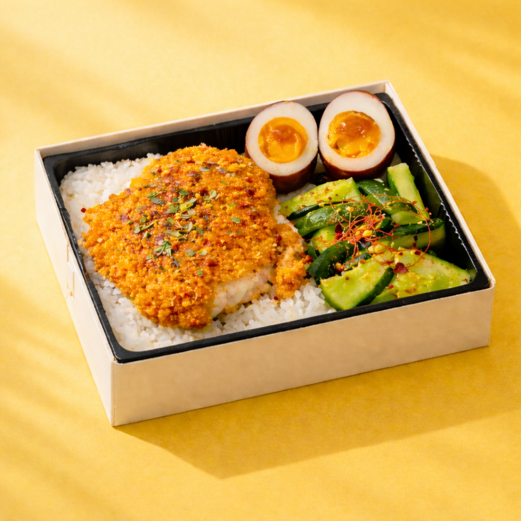 Bento box with rice, fried item, boiled egg, and vegetables on a yellow background